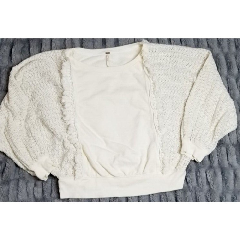 Free People Womens Sweater Large Ivory Faff Fringe Crochet Pullover Knit Casual